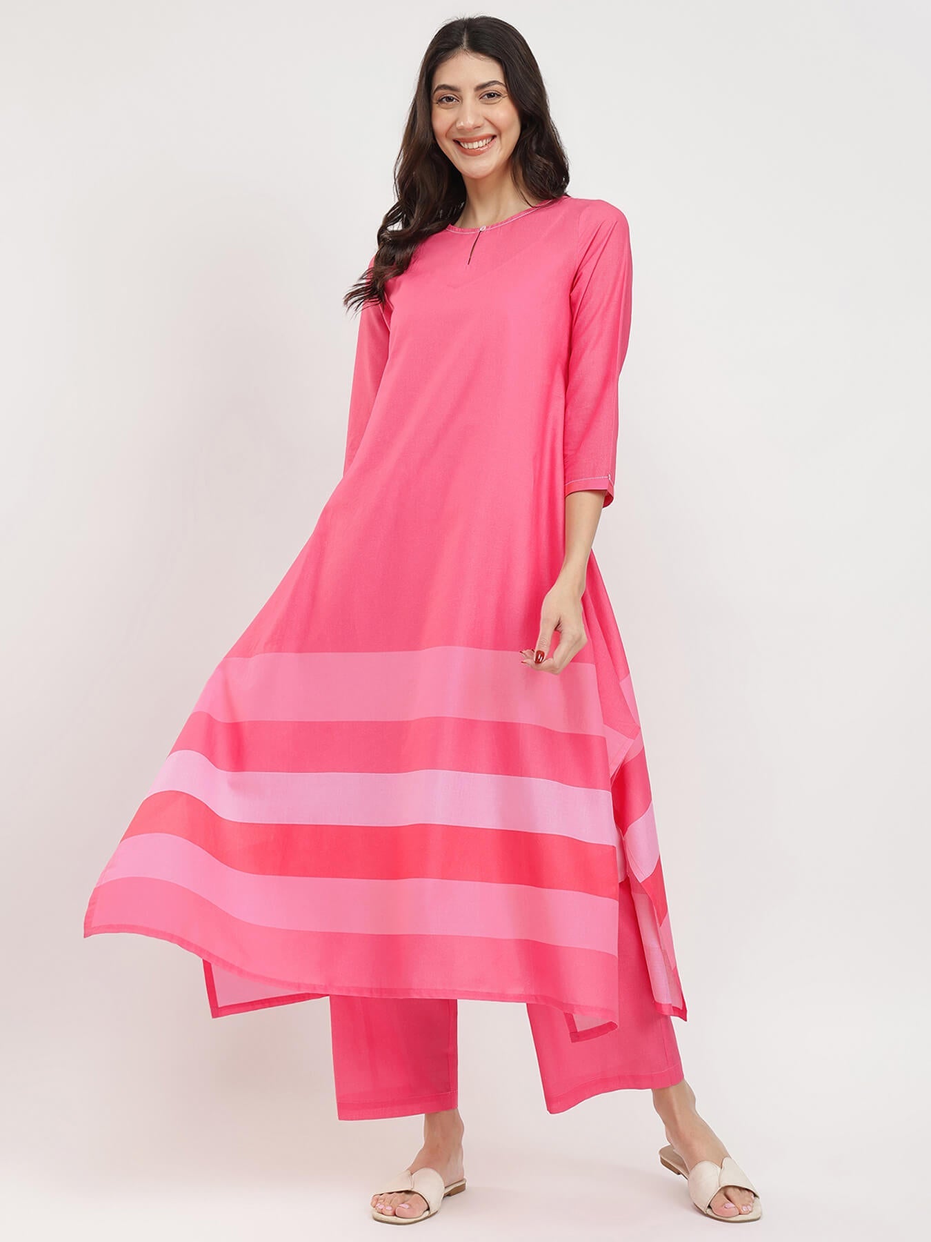 Cotton Striped Asymmetric Kurta Set - Pink
