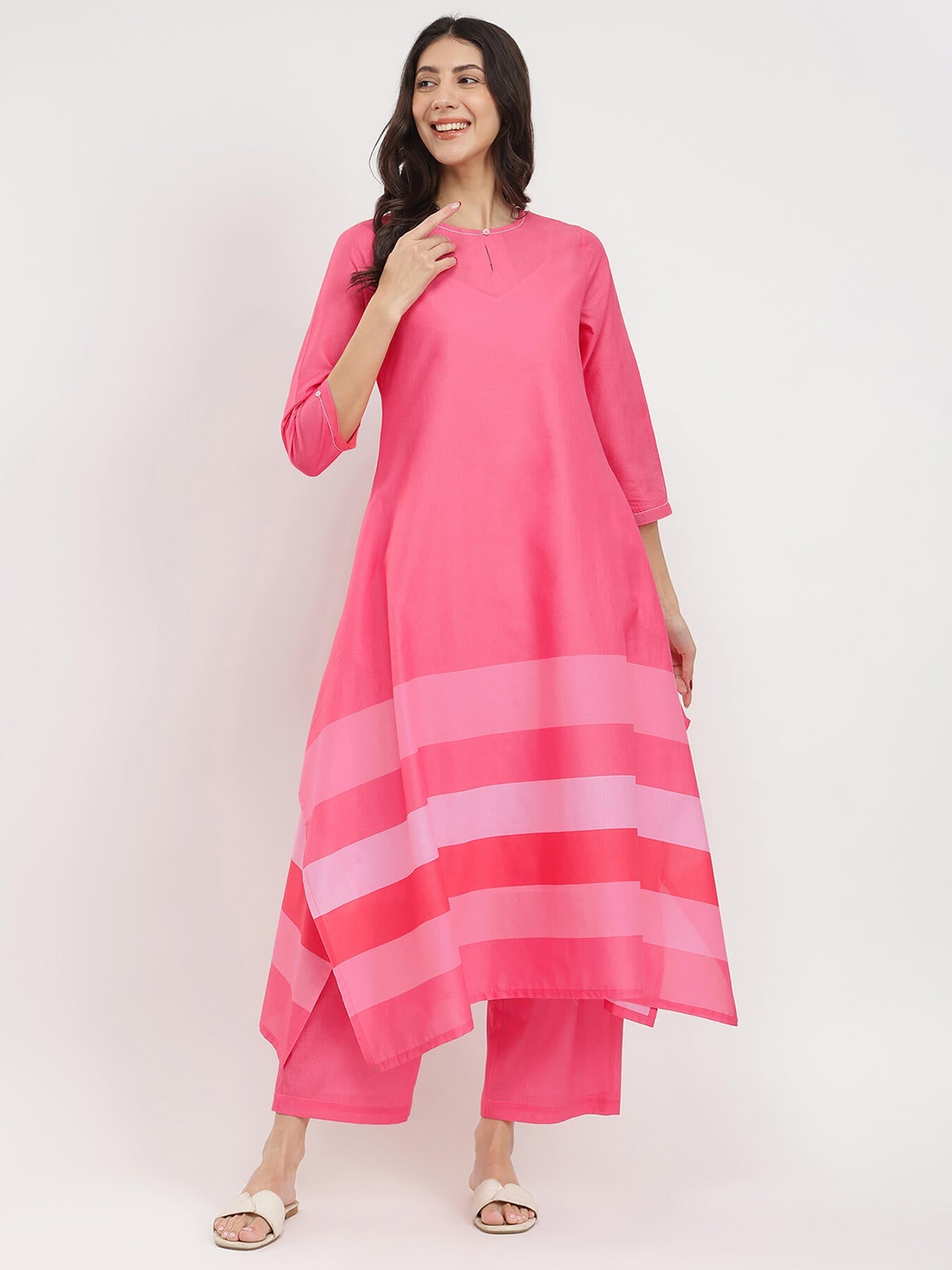Cotton Striped Asymmetric Kurta Set - Pink