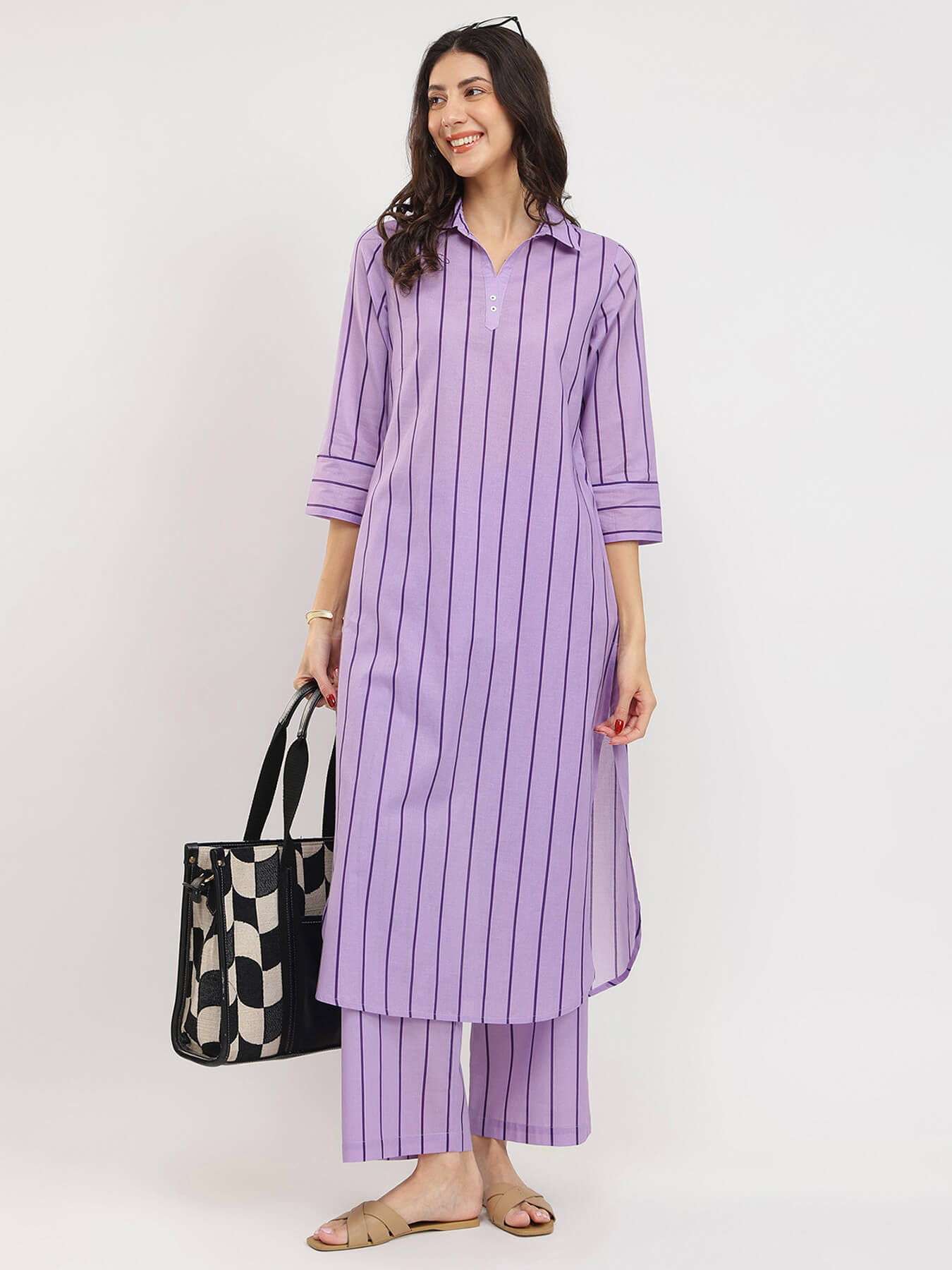 Cotton Striped Shirt Collar Kurta Set - Purple