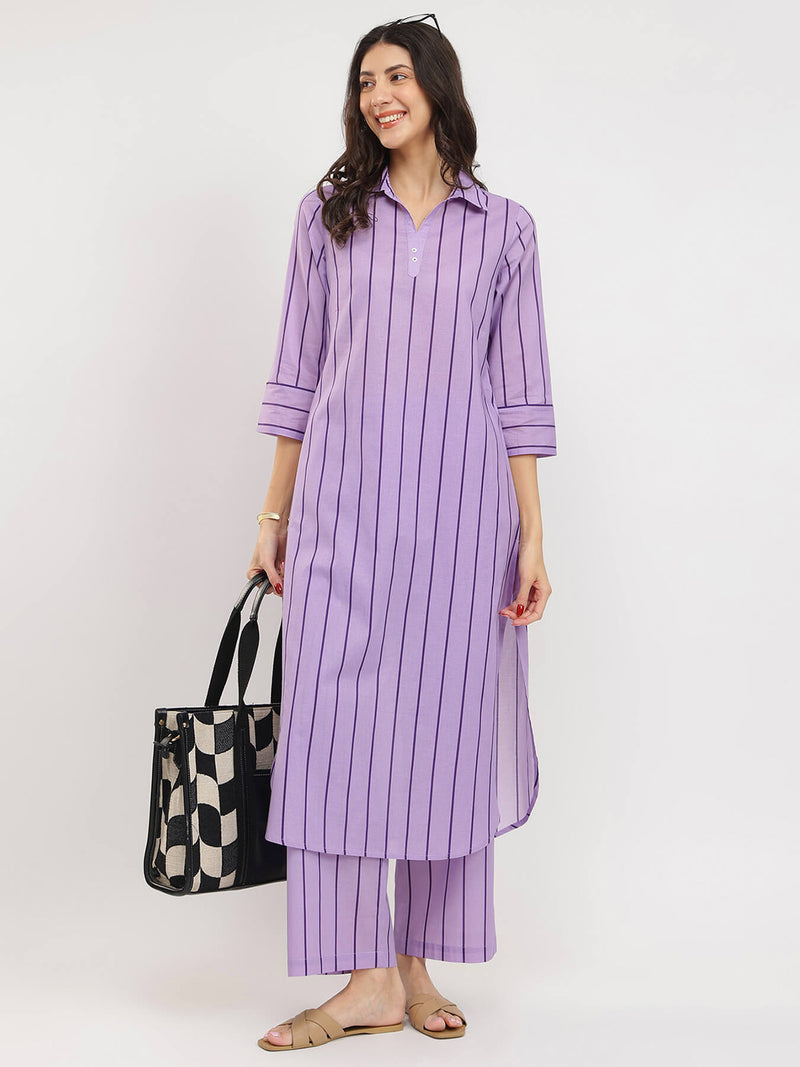 Cotton Striped Shirt Collar Kurta Set - Purple