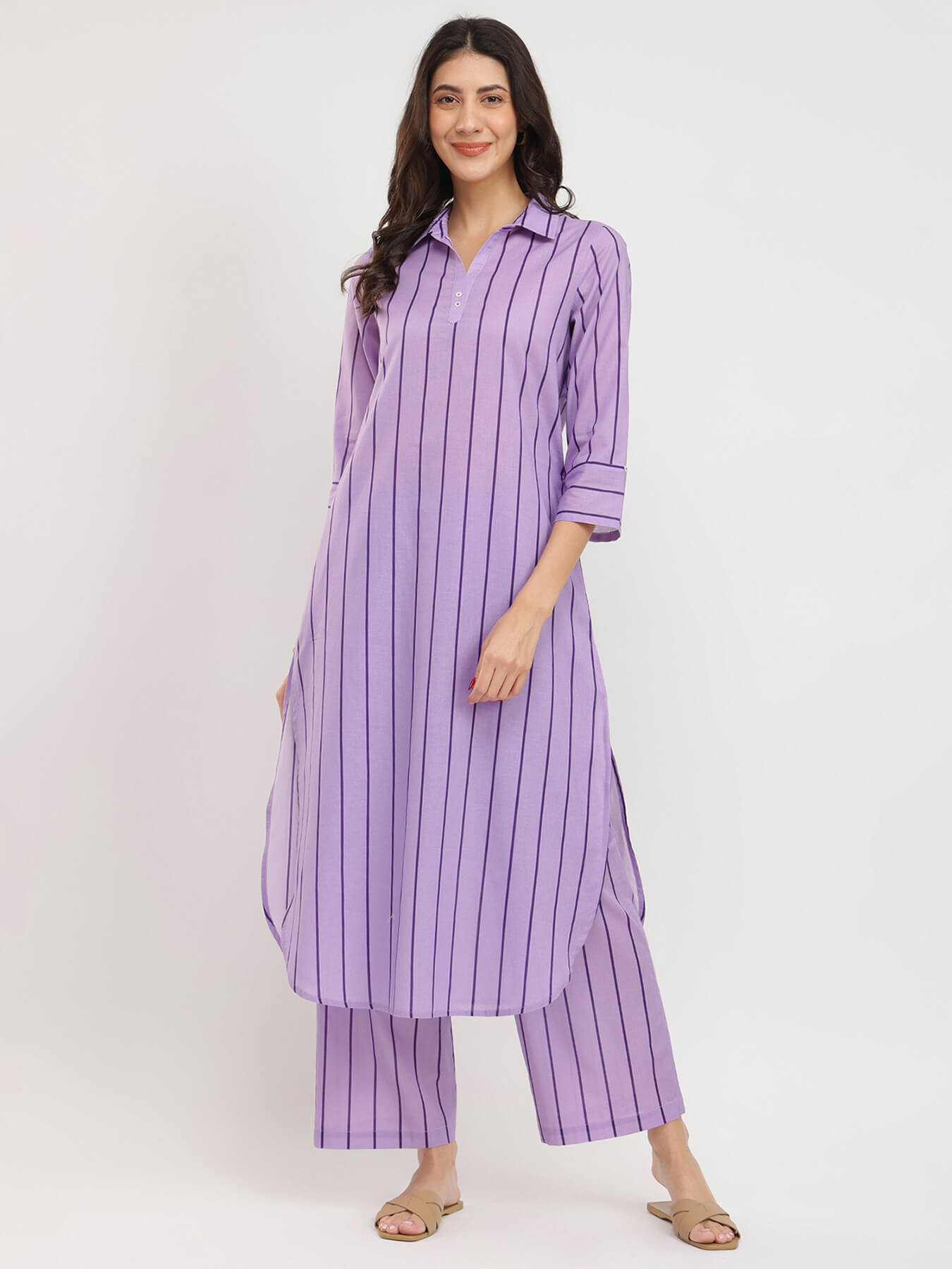 Cotton Striped Shirt Collar Kurta Set - Purple