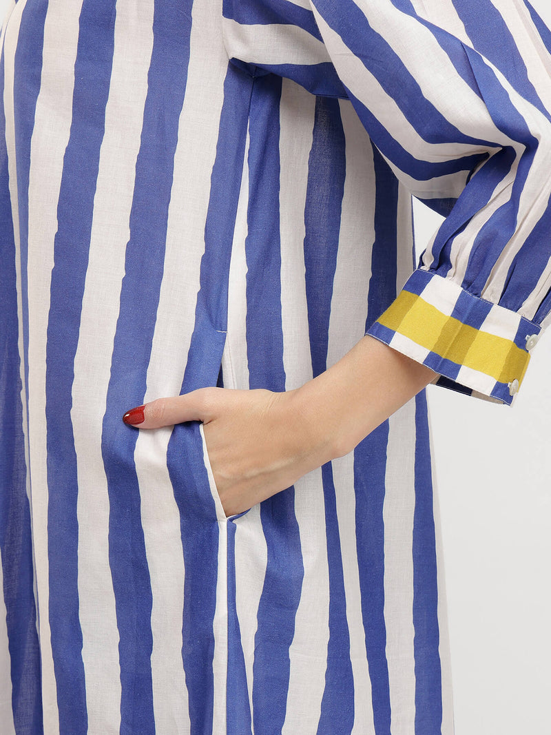 Cotton Stripe Play Shirt Collar Kurta Set - Blue & Yellow