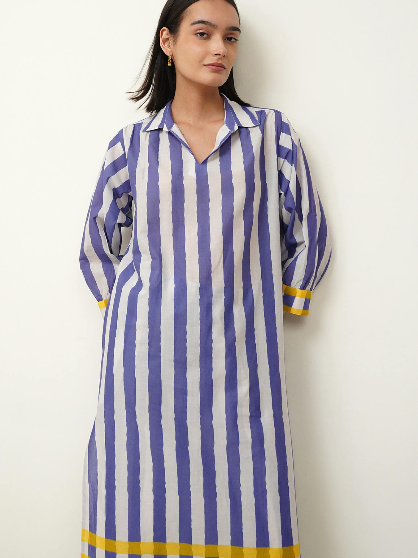 Cotton Stripe Play Shirt Collar Kurta Set - Blue & Yellow