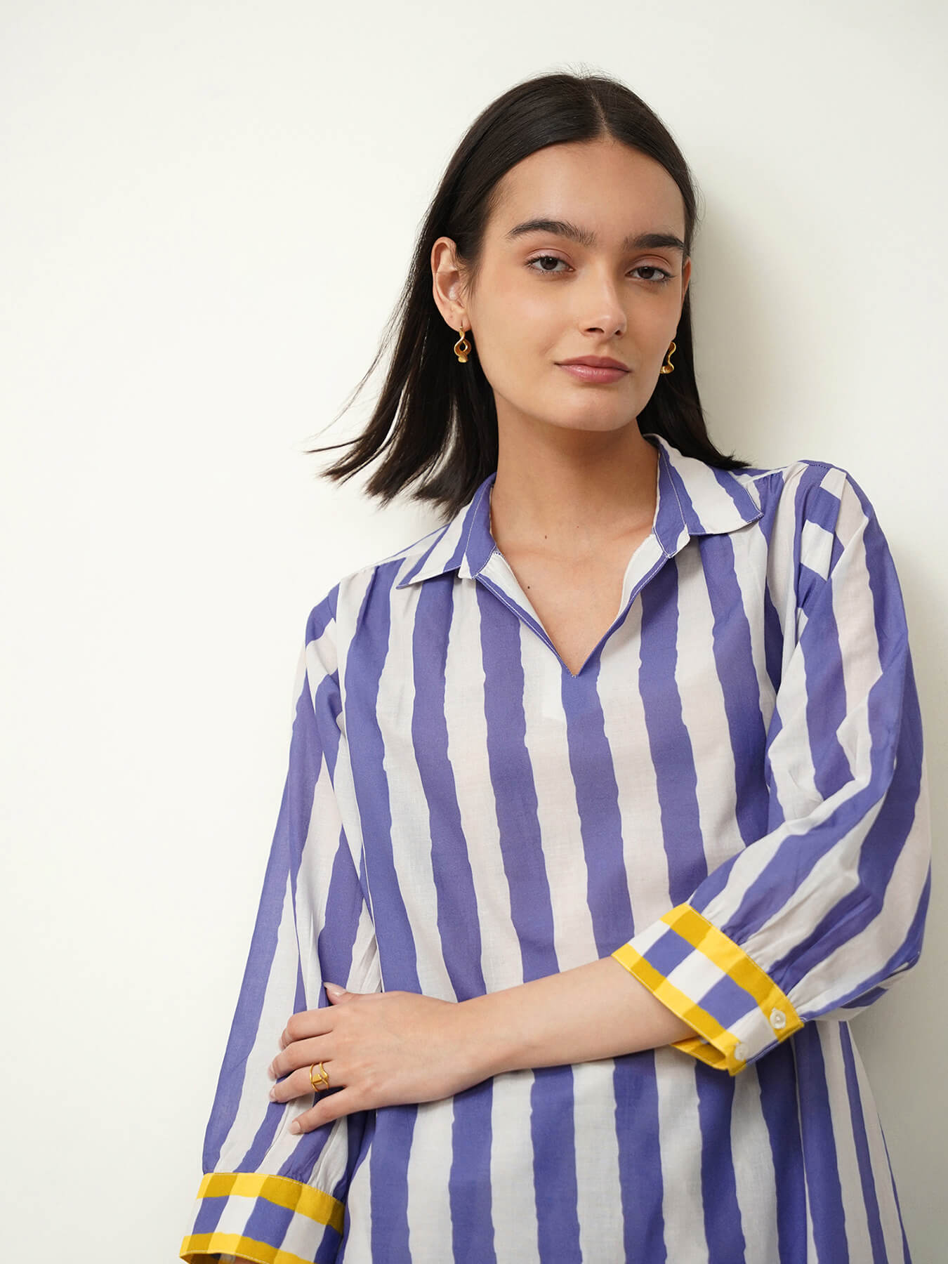 Cotton Stripe Play Shirt Collar Kurta Set - Blue & Yellow