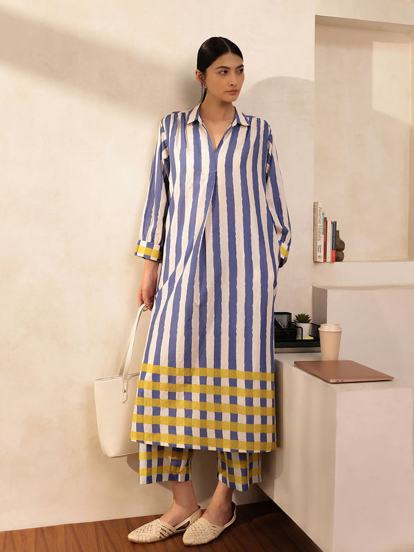 Cotton Stripe Play Shirt Collar Kurta Set - Blue & Yellow