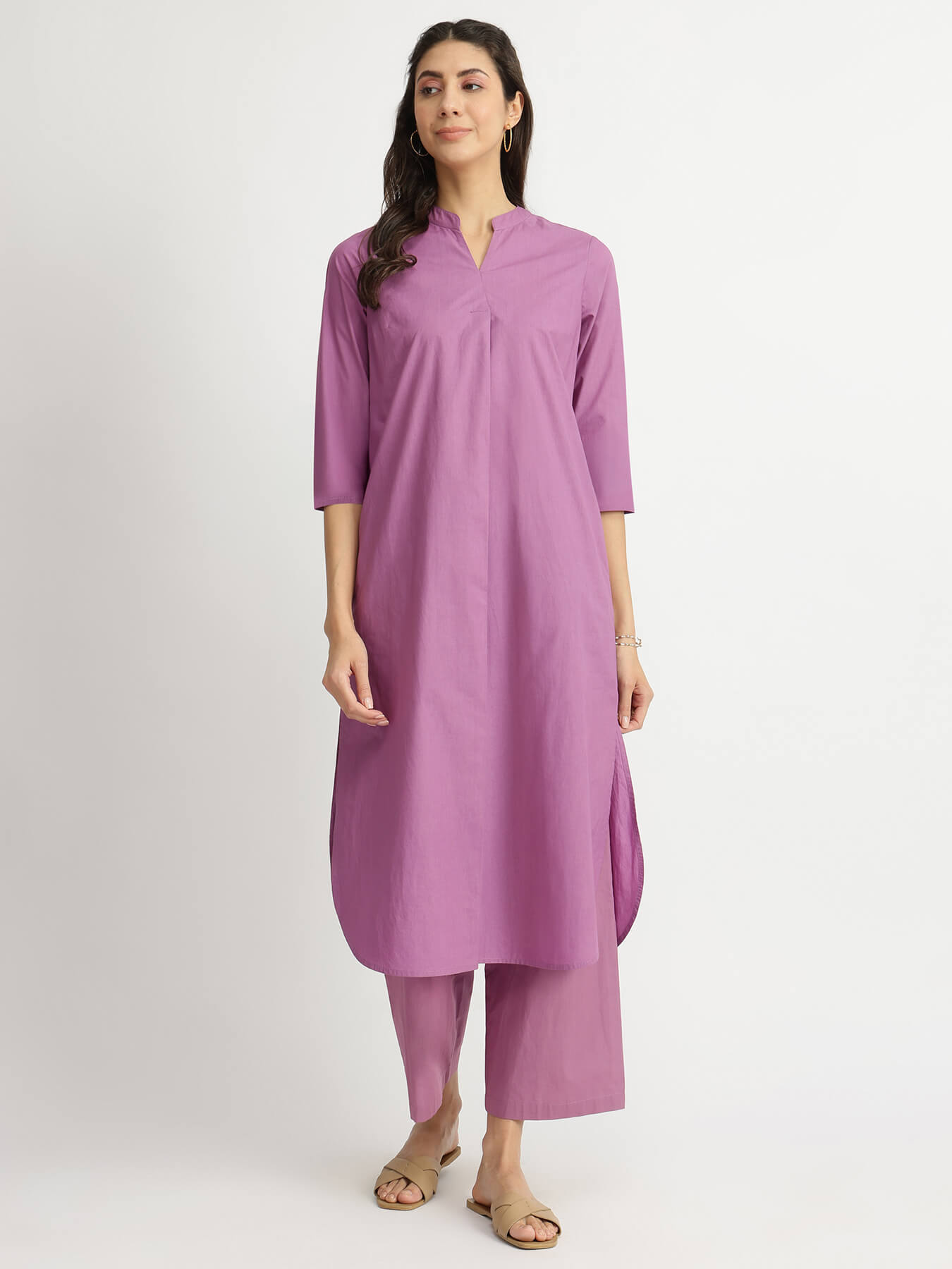 Air Loom Cotton Poplin Solid Kurta Set - Purple