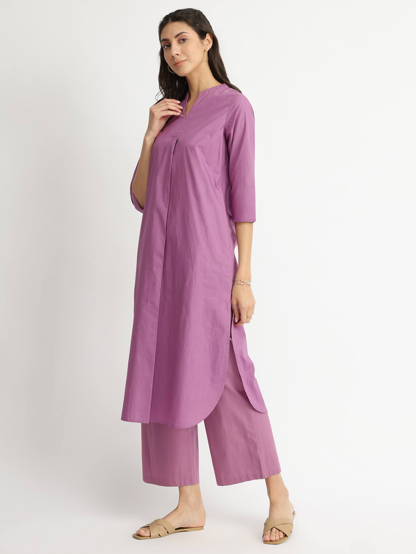 Air Loom Cotton Poplin Solid Kurta Set - Purple