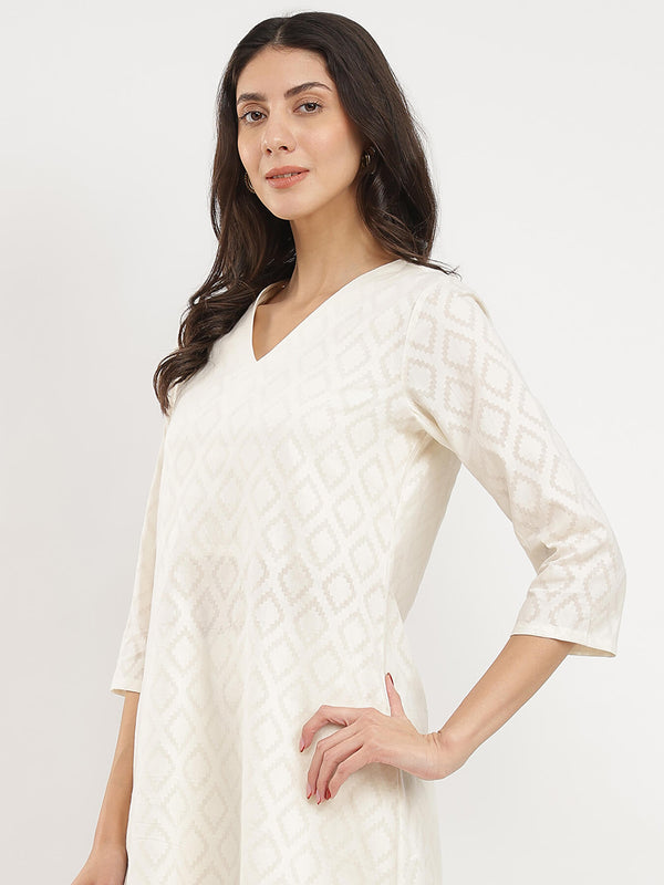 Jacquard Ethnic Motifs Kurta Set - White