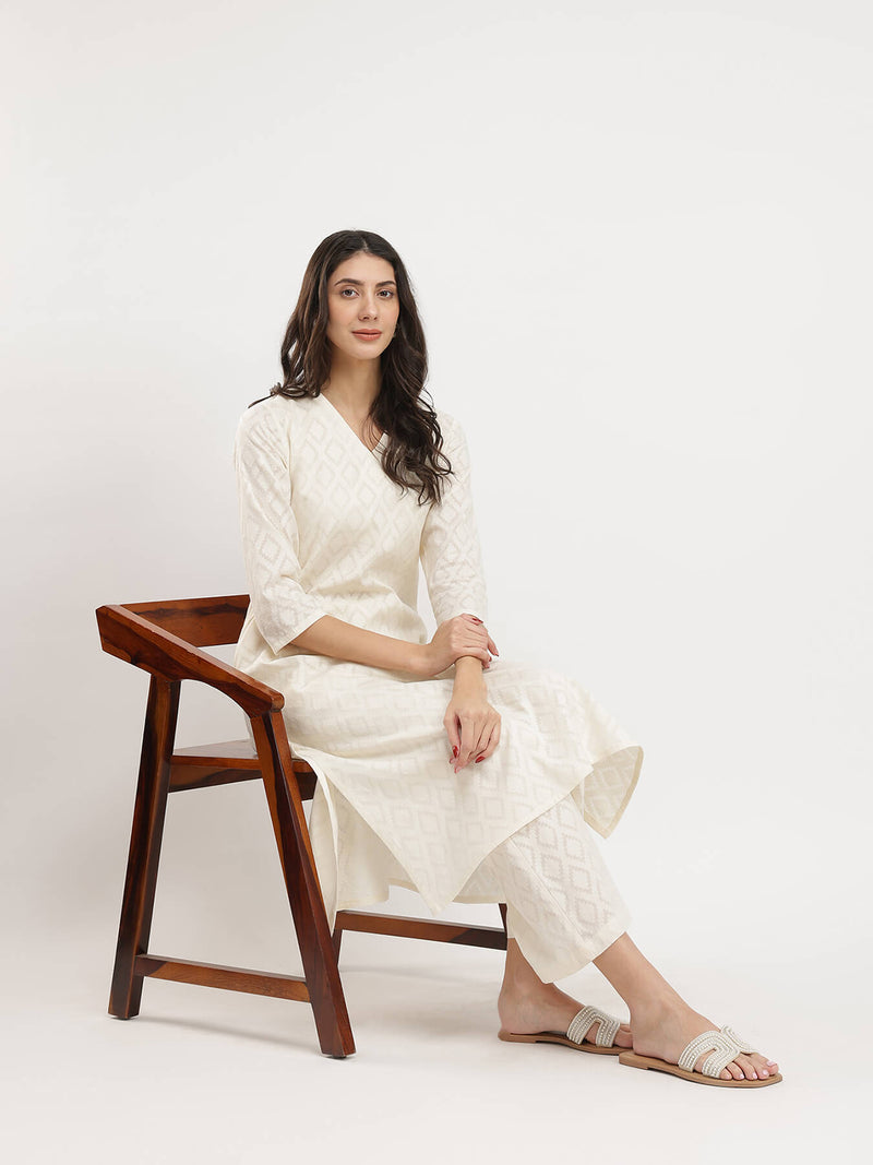 Jacquard Ethnic Motifs Kurta Set - White