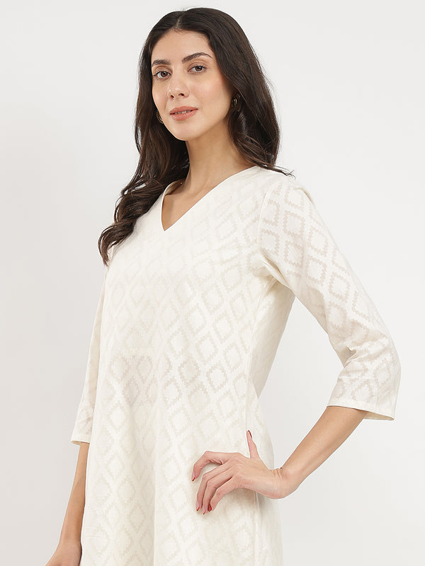 Jacquard Ethnic Motifs Kurta Set - White