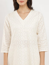 Jacquard Ethnic Motifs Kurta Set - White