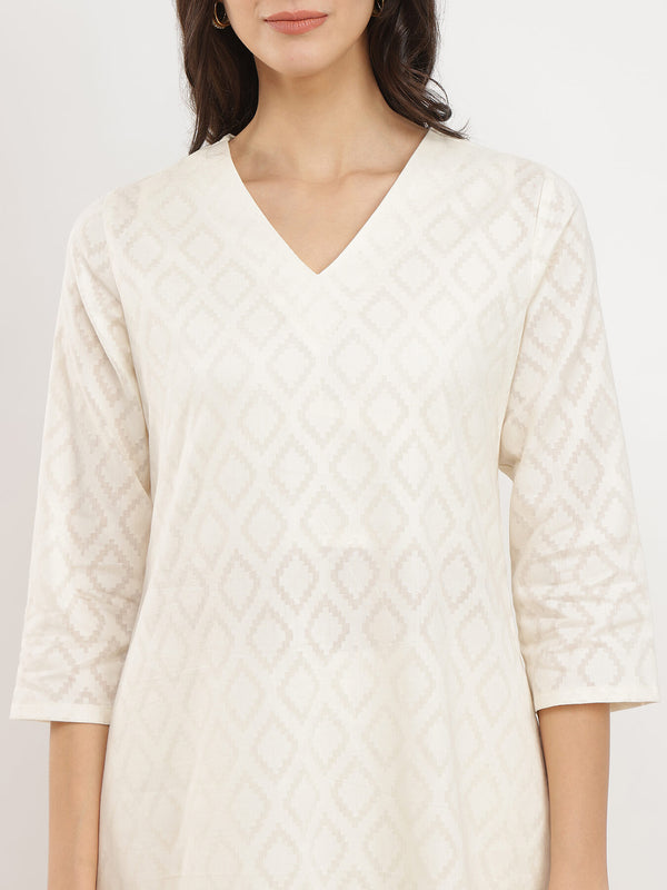 Jacquard Ethnic Motifs Kurta Set - White