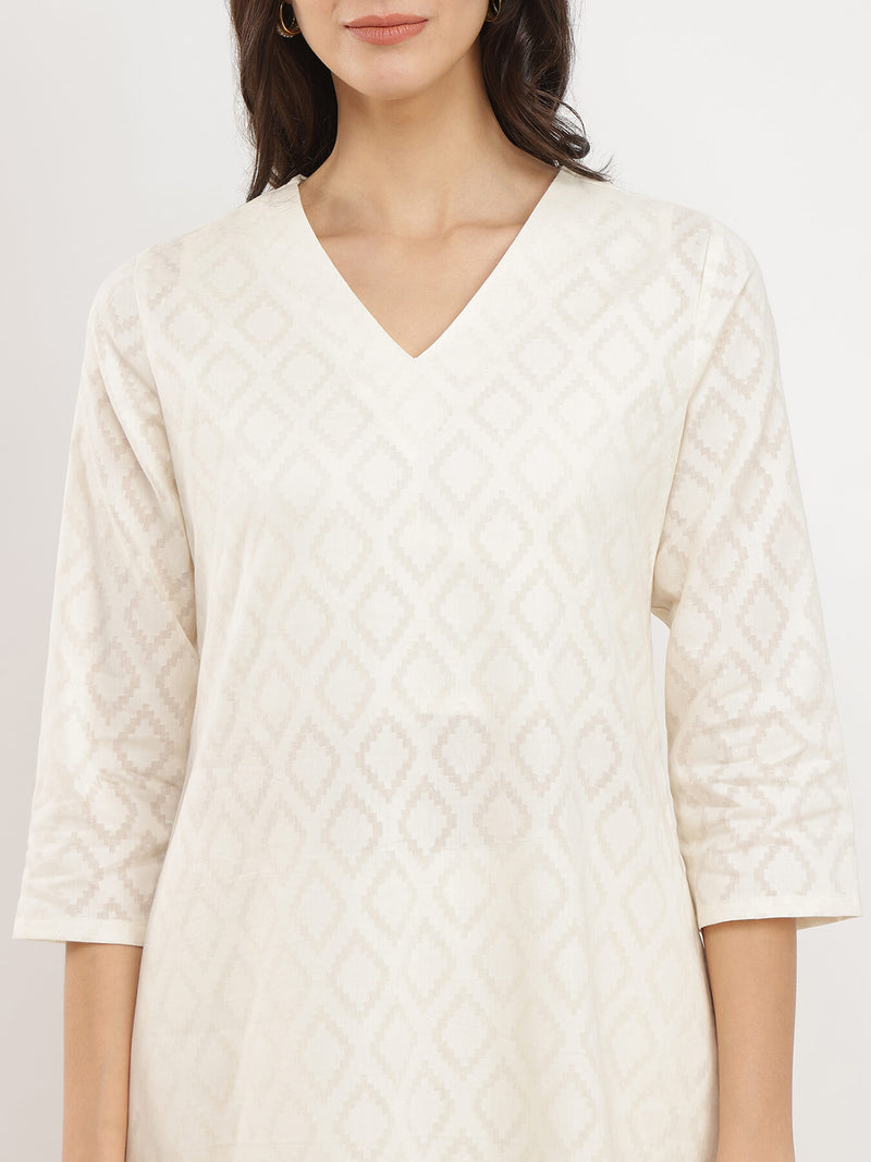 Jacquard Ethnic Motifs Kurta Set - White