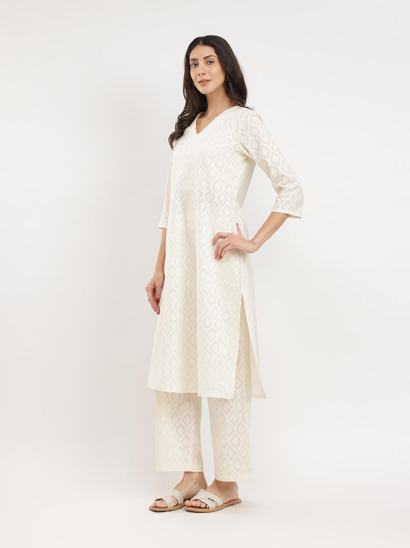 Jacquard Ethnic Motifs Kurta Set - White