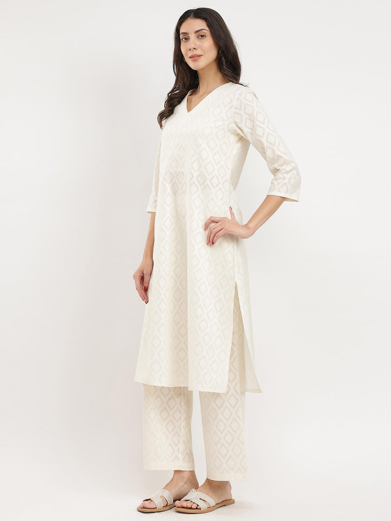 Jacquard Ethnic Motifs Kurta Set - White