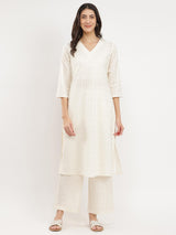 Jacquard Ethnic Motifs Kurta Set - White