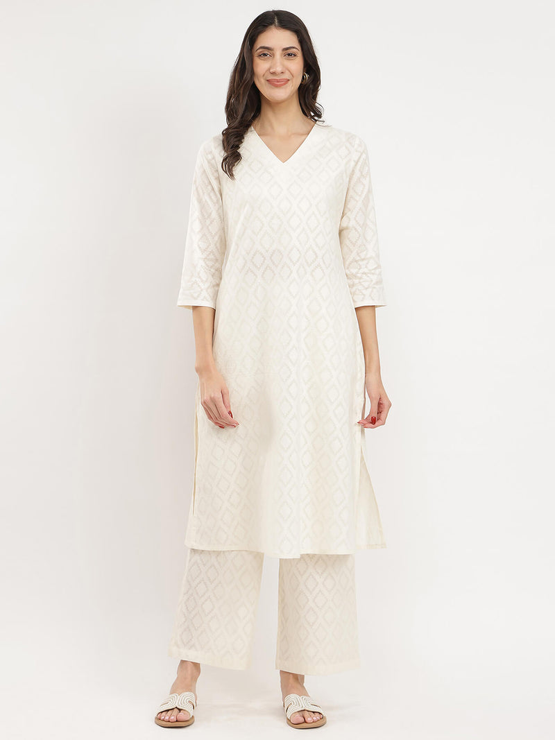 Jacquard Ethnic Motifs Kurta Set - White