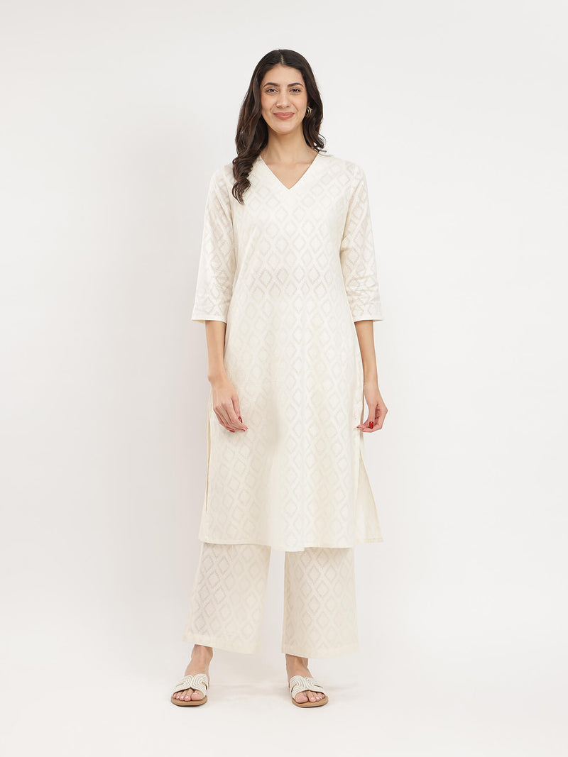 Jacquard Ethnic Motifs Kurta Set - White