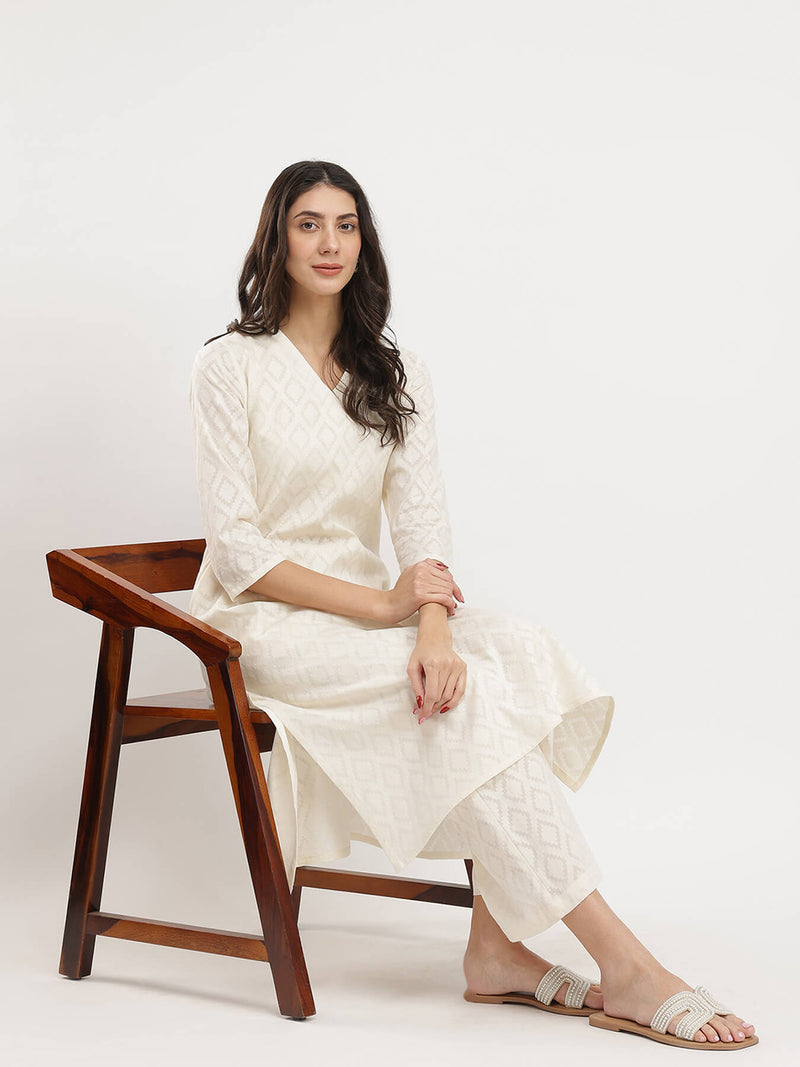 Jacquard Ethnic Motifs Kurta Set - White