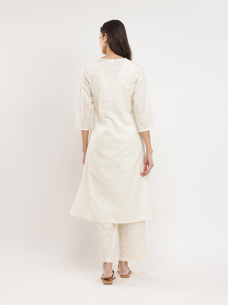 Jacquard Ethnic Motifs Kurta Set - White
