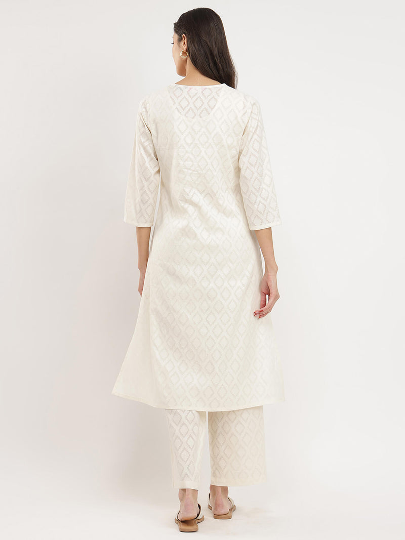 Jacquard Ethnic Motifs Kurta Set - White