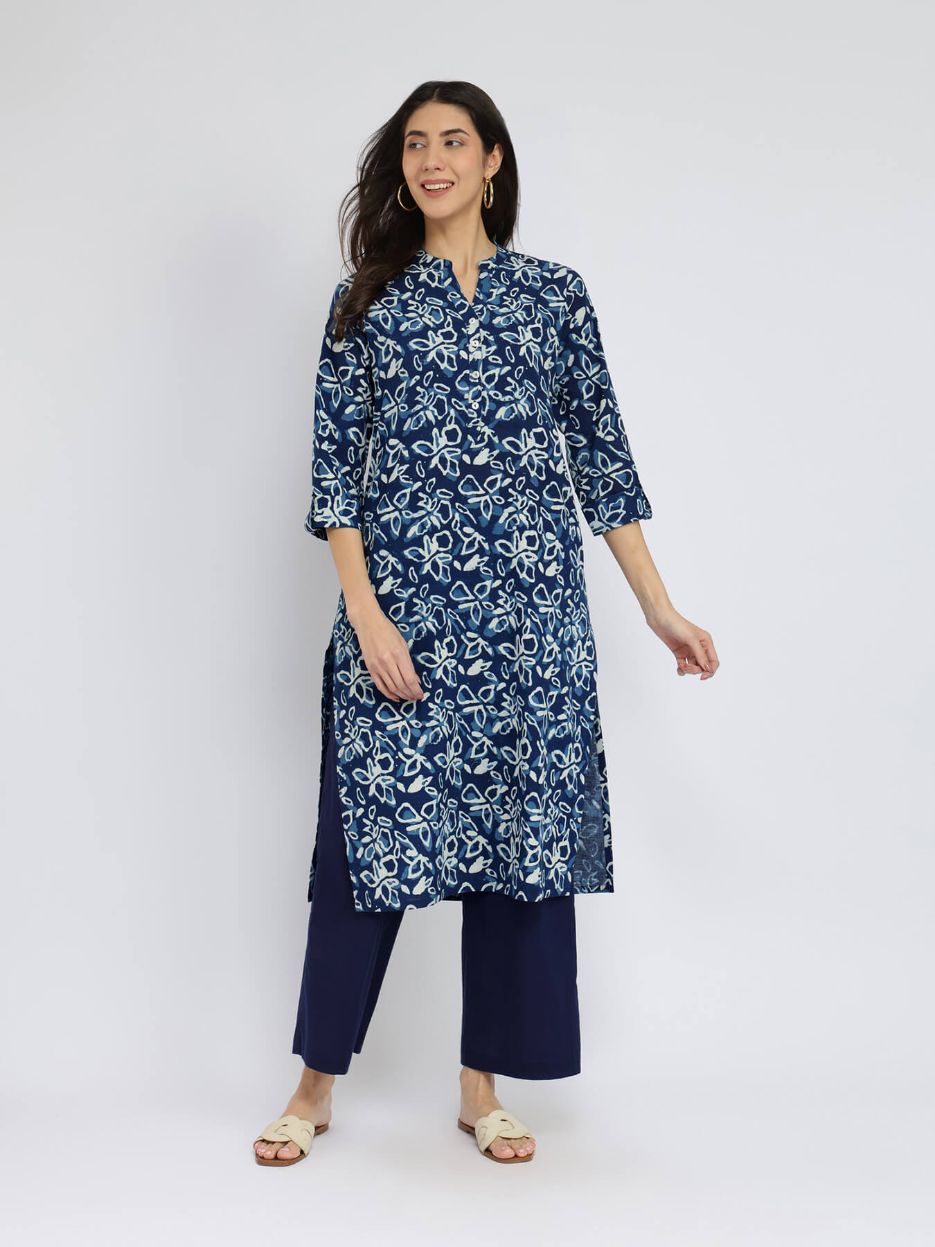 Cotton Dabu Floral Kurta Set - Indigo