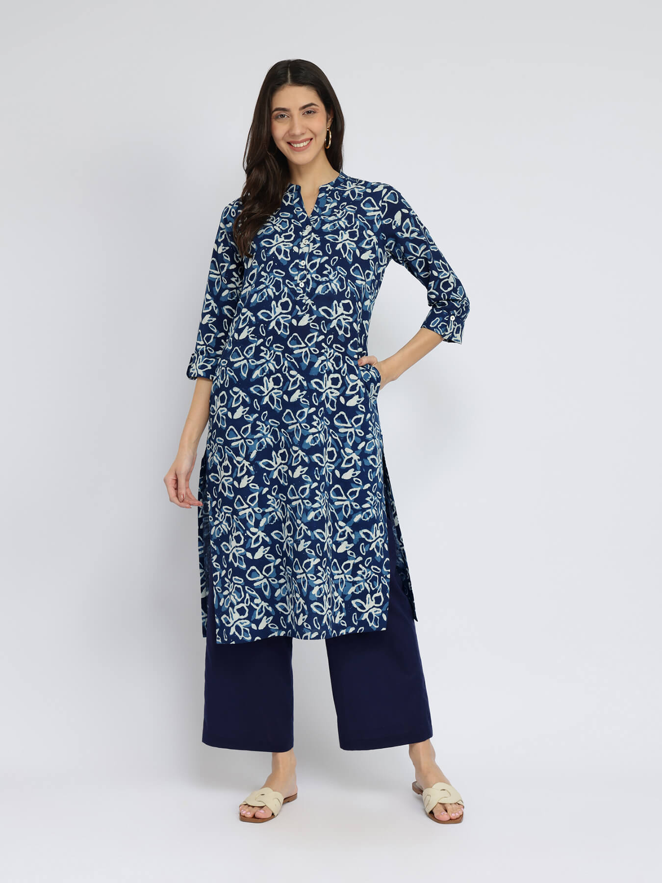 Cotton Dabu Floral Kurta Set - Indigo
