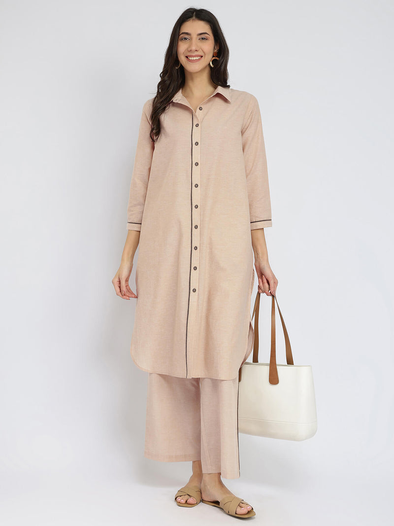 Cotton Handwoven Kurta Set - Beige