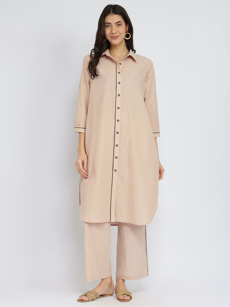 Cotton Handwoven Kurta Set - Beige