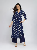 Cotton Dabu Polka Pleated Kurta Set - Indigo