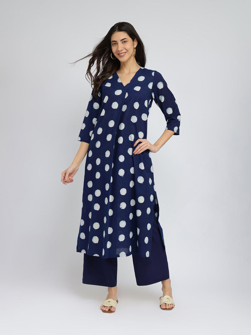 Cotton Dabu Polka Pleated Kurta Set - Indigo