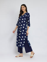 Cotton Dabu Polka Pleated Kurta Set - Indigo