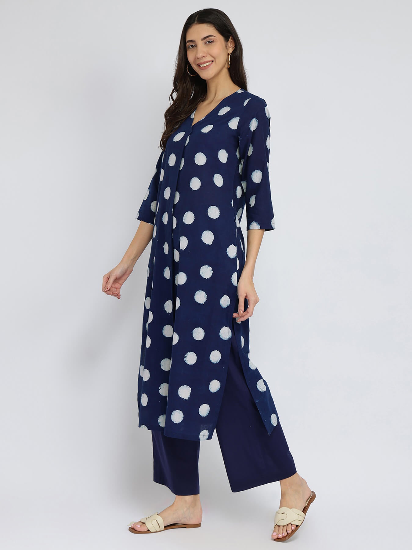 Cotton Dabu Polka Pleated Kurta Set - Indigo
