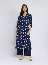 Cotton Dabu Polka Pleated Kurta Set - Indigo