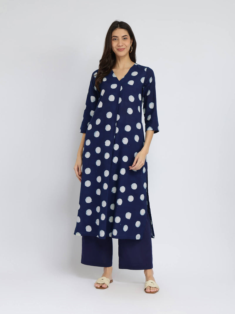 Cotton Dabu Polka Pleated Kurta Set - Indigo
