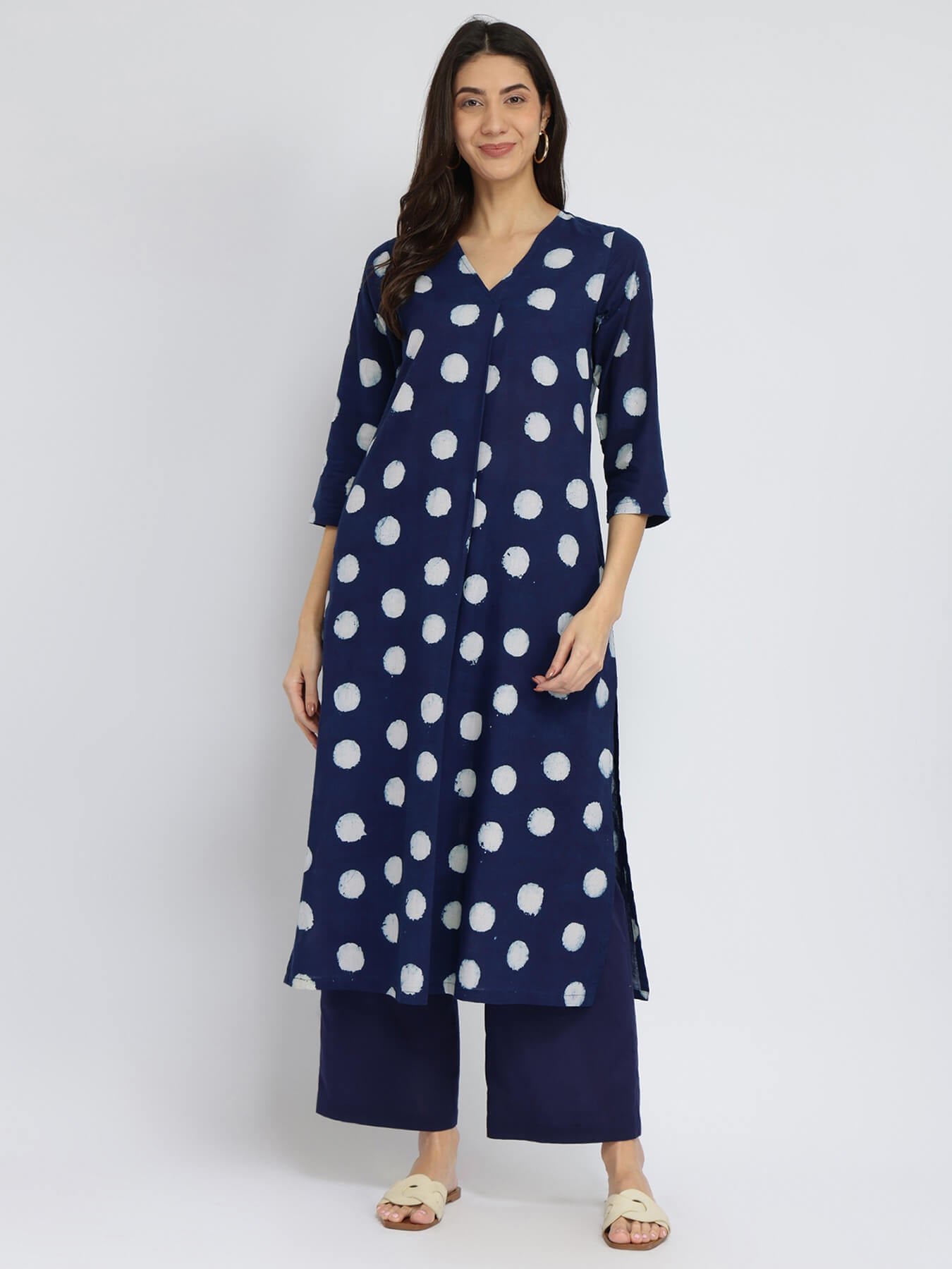 Cotton Dabu Polka Pleated Kurta Set - Indigo