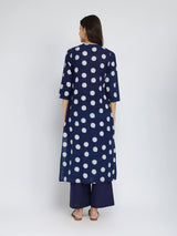 Cotton Dabu Polka Pleated Kurta Set - Indigo