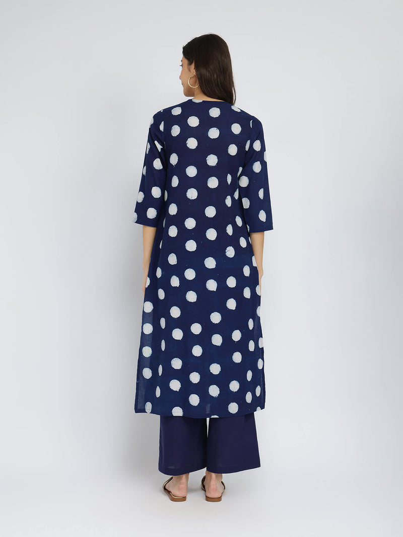 Cotton Dabu Polka Pleated Kurta Set - Indigo