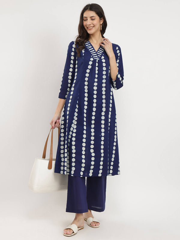 Cotton Dabu Polka Print Kurta Set - Indigo