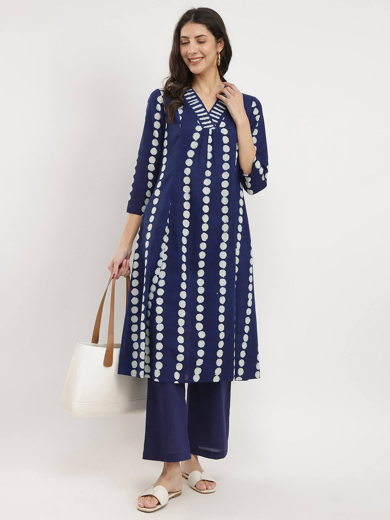 Cotton Dabu Polka Print Kurta Set - Indigo