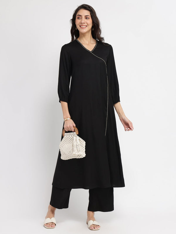 Rayon Solid Angrakha Style Kurta Set - Black