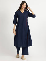 Self-Textured Cotton Kurta Set - Navy Blue