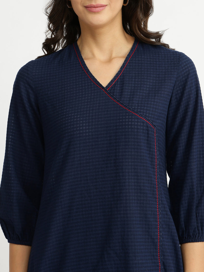 Self-Textured Cotton Kurta Set - Navy Blue