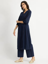 Self-Textured Cotton Kurta Set - Navy Blue
