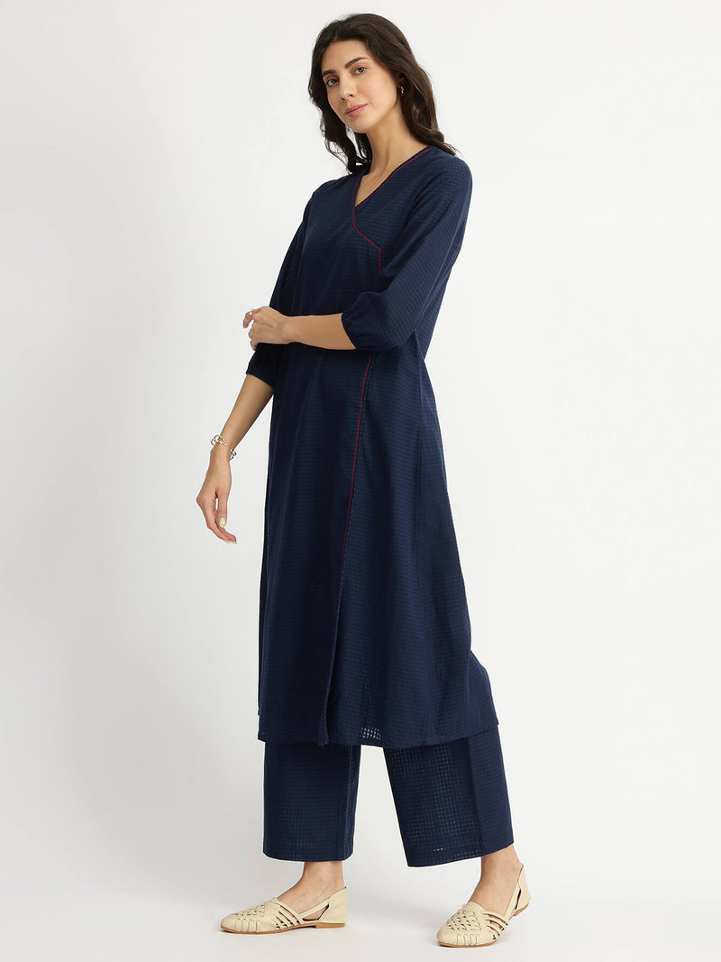 Self-Textured Cotton Kurta Set - Navy Blue