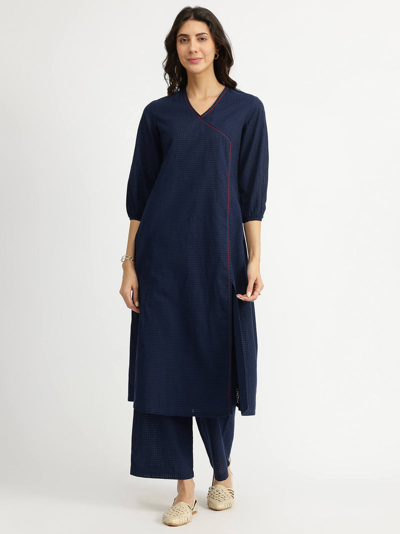 Self-Textured Cotton Kurta Set - Navy Blue