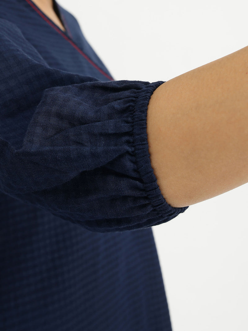 Self-Textured Cotton Kurta Set - Navy Blue