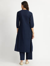 Self-Textured Cotton Kurta Set - Navy Blue