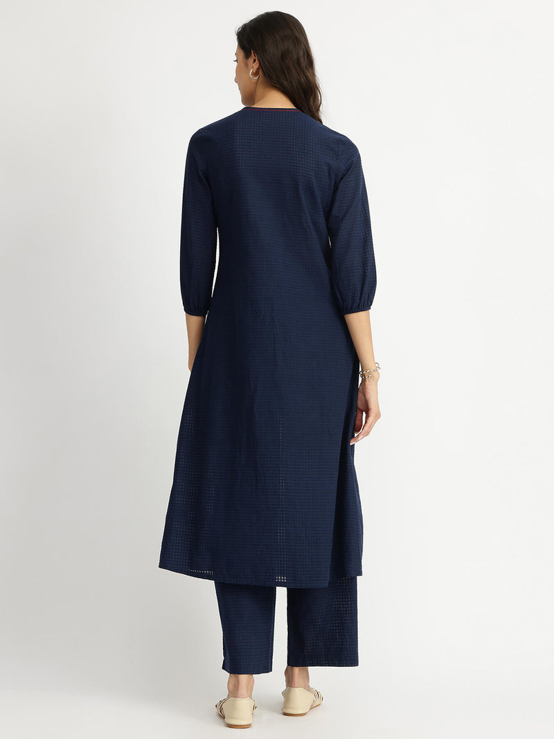 Self-Textured Cotton Kurta Set - Navy Blue