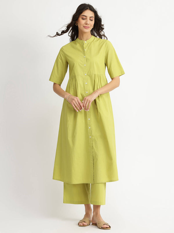 Air Loom Cotton Poplin Solid Kurta Set - Green